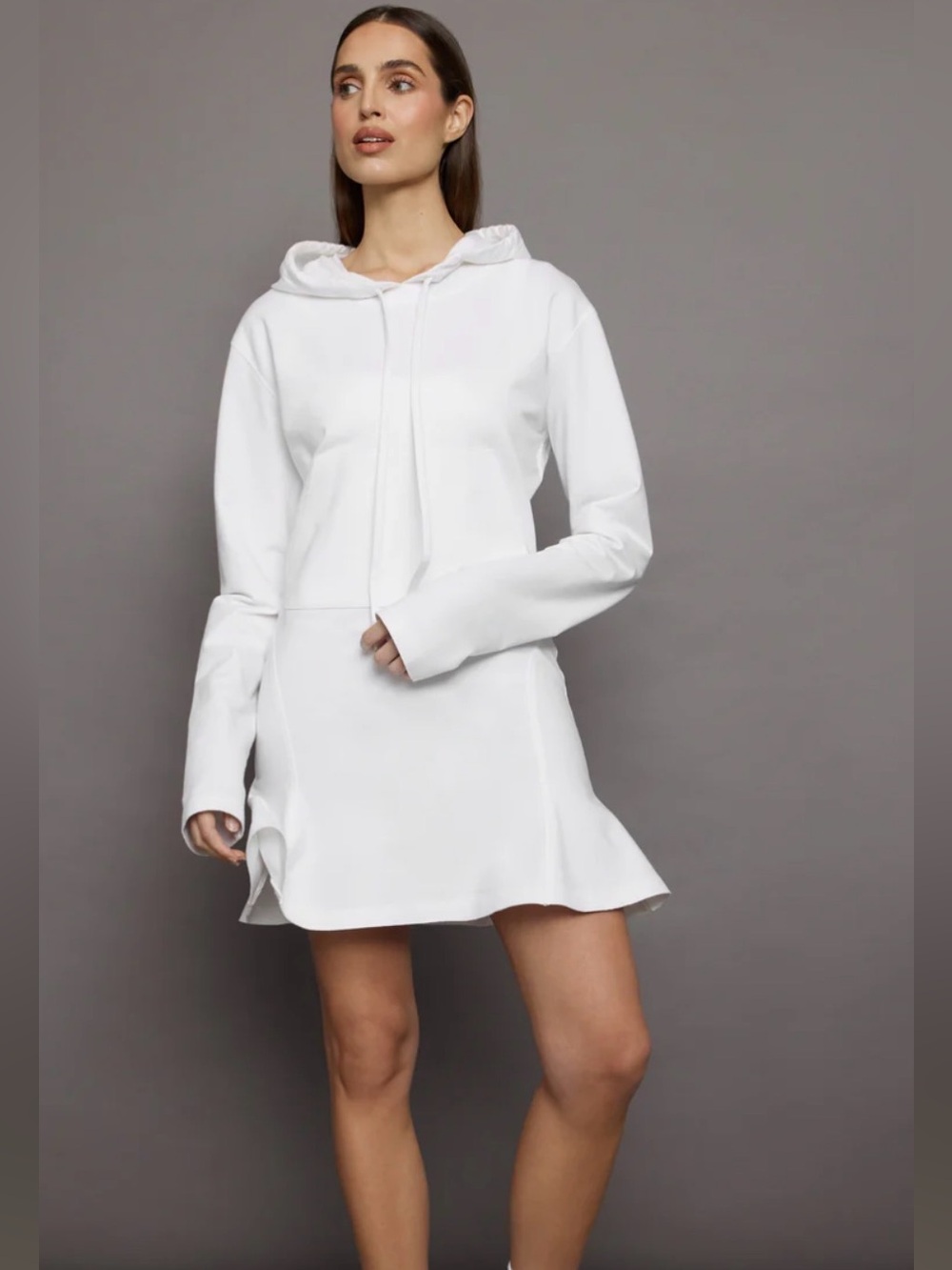 Norma Kamali hooded fishtail mini dress white flare long sleeve